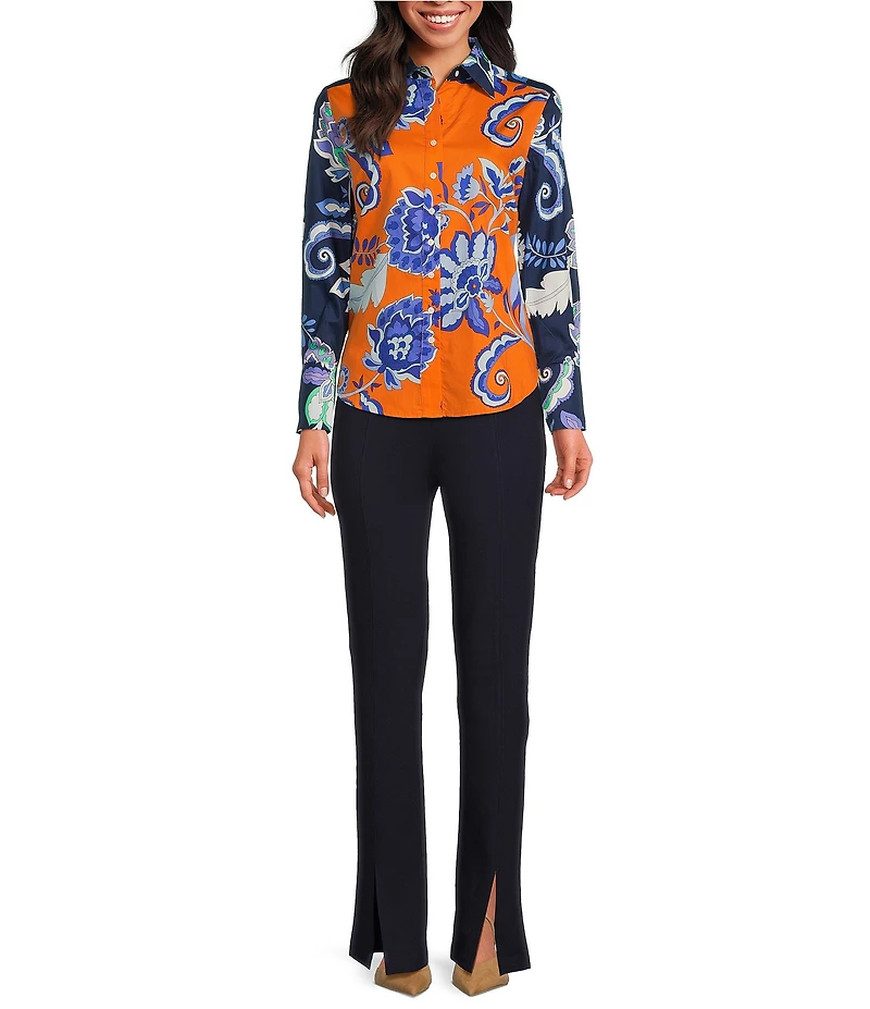 tyler boe Chloe Floral Print Color Block Point Collar Long Sleeve Blouse