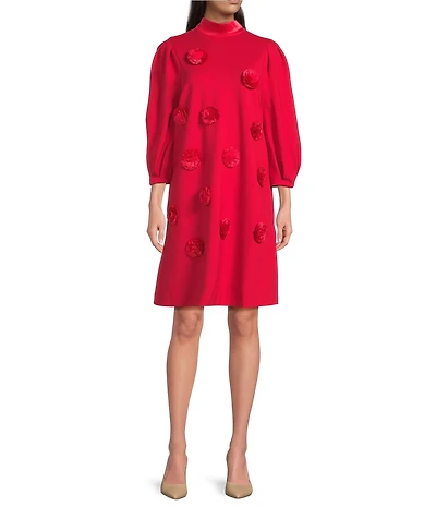 tyler boe Cleo Ponte Mock Neck 3/4 Puff Sleeve Rose Floret Dress