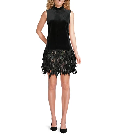 tyler boe Collette Mock Neck Sleeveless Feather Hem Dress