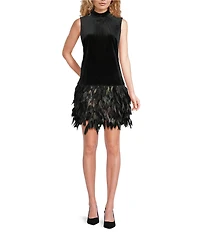tyler boe Collette Mock Neck Sleeveless Feather Hem Dress