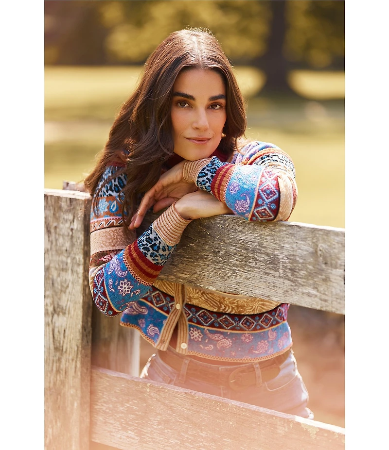 tyler boe Daniella Multi Pattern Scoop Neck Long Sleeve Cardigian