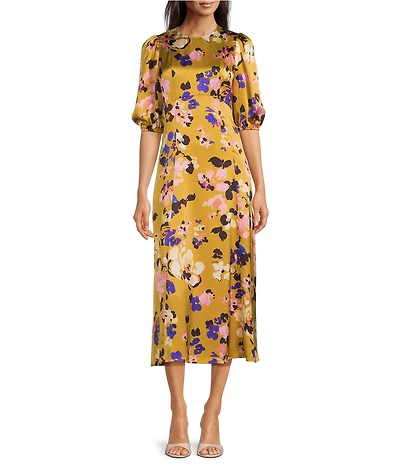 tyler boe Frankie Fantasy Silk Floral Print Crew Neck Short Puff Sleeve A-Line Midi Dress