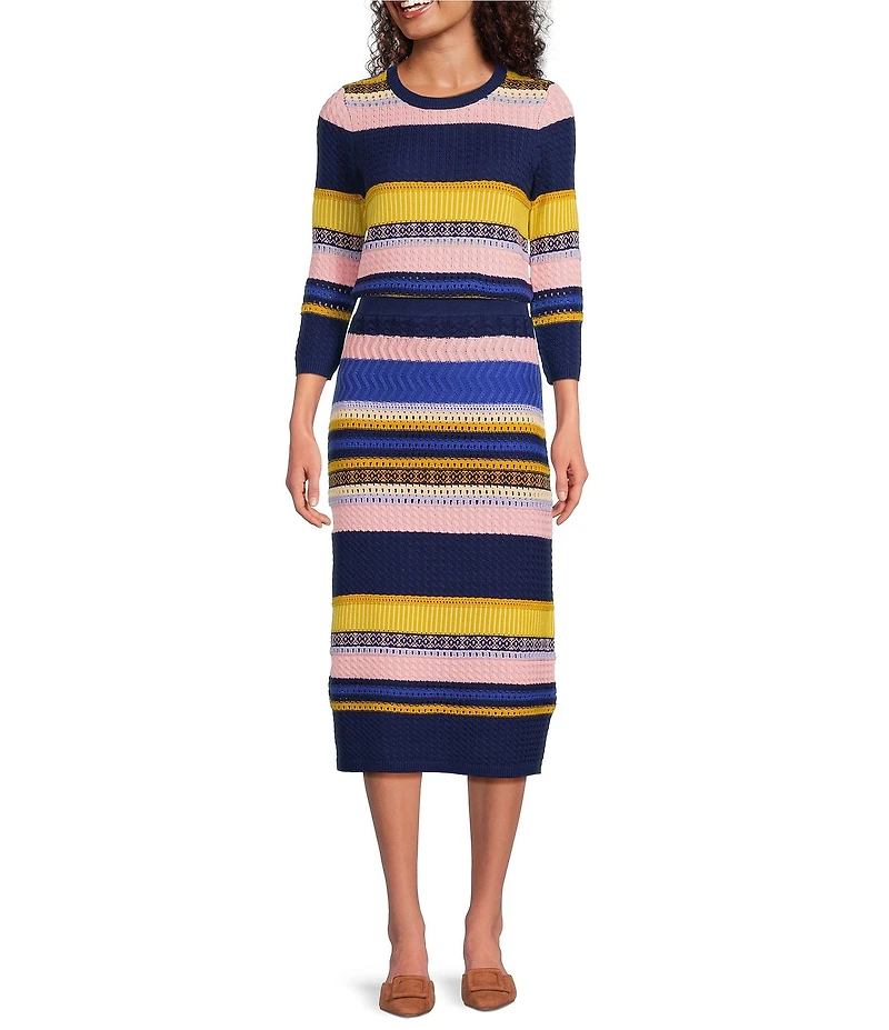tyler boe Georgie Stripe Mix Coordinating Stitch Wool Blend Crew Neck 3/4 Sleeve Sweater