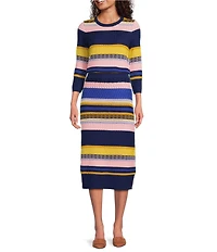 tyler boe Georgie Stripe Mix Coordinating Stitch Wool Blend Crew Neck 3/4 Sleeve Sweater