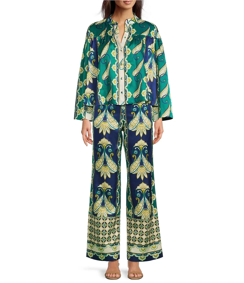 tyler boe Gianna Coordinating Cabana Foulard Printed Silk Blend High Rise Straight Leg Pants