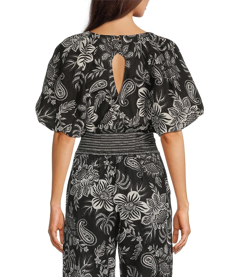 tyler boe Hannah Boat Neck Linen Blend Short Puff Sleeve Cropped Open Back Coordinating Top