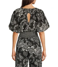 tyler boe Hannah Boat Neck Linen Blend Short Puff Sleeve Cropped Open Back Coordinating Top