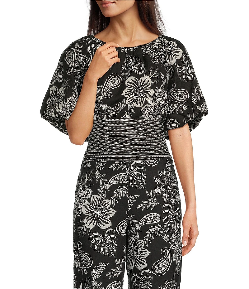 tyler boe Hannah Boat Neck Linen Blend Short Puff Sleeve Cropped Open Back Coordinating Top