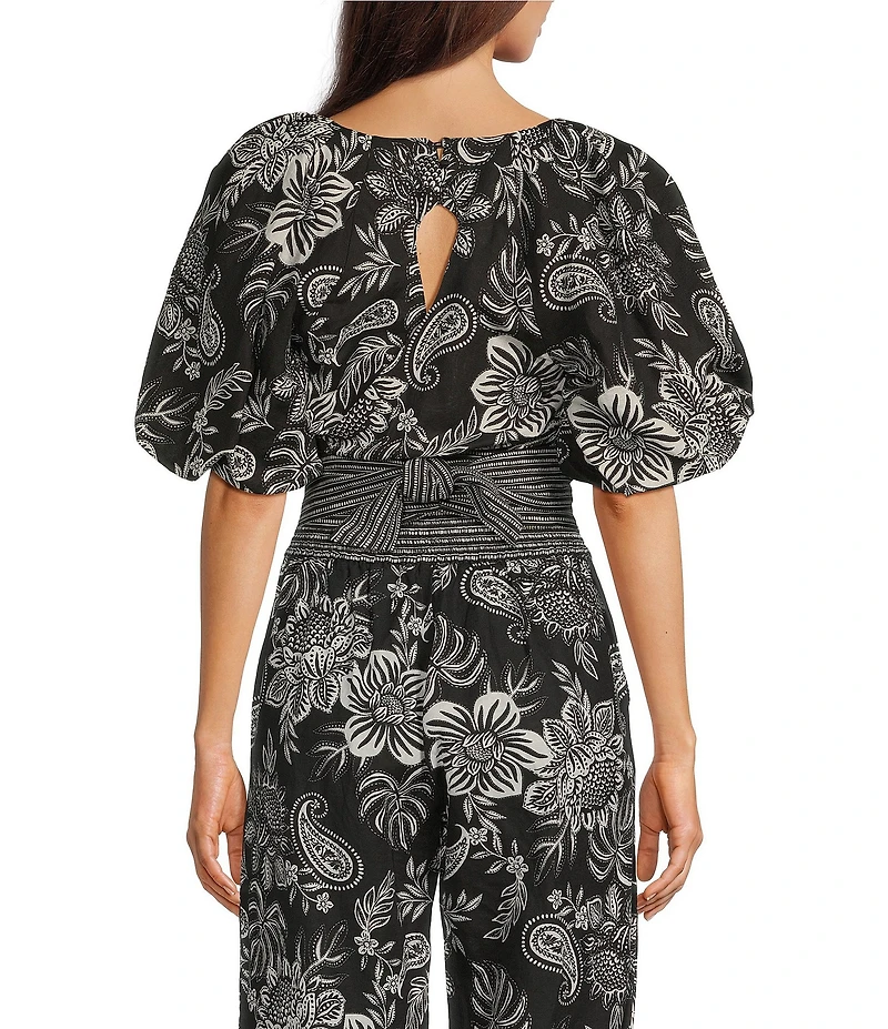 tyler boe Hannah Boat Neck Linen Blend Short Puff Sleeve Cropped Open Back Coordinating Top