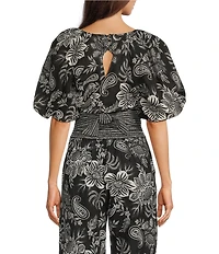 tyler boe Hannah Boat Neck Linen Blend Short Puff Sleeve Cropped Open Back Coordinating Top