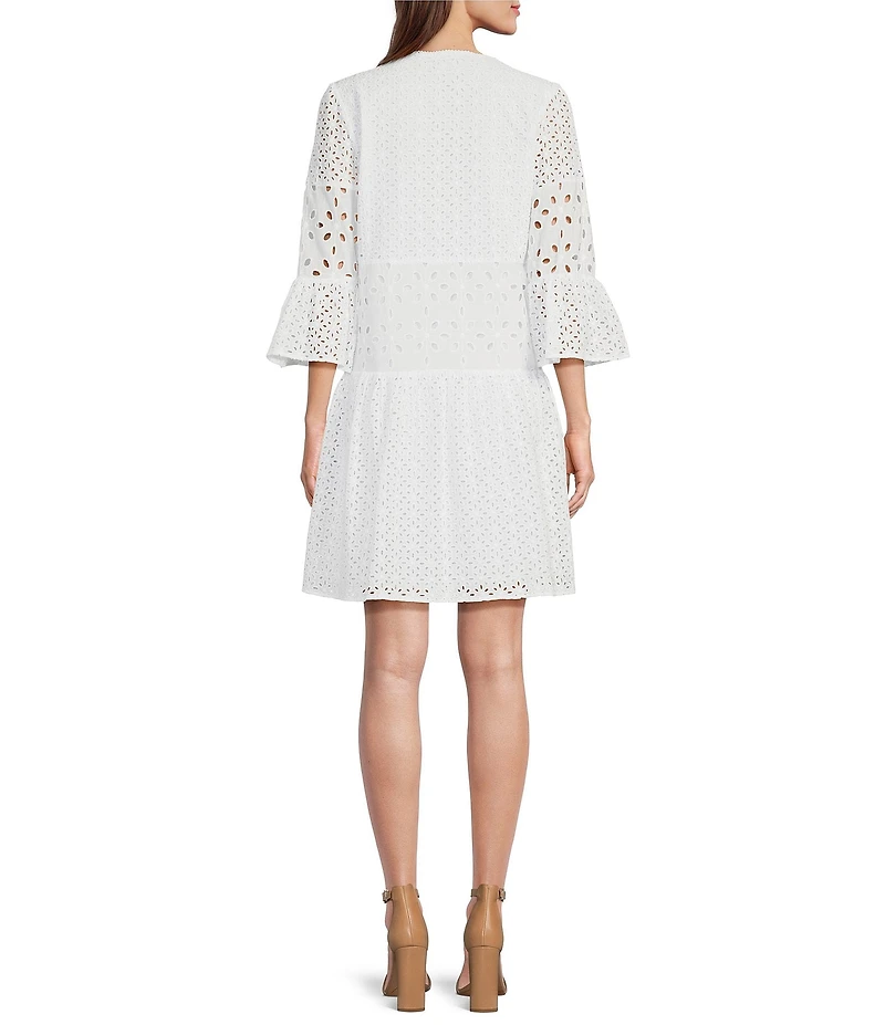 tyler boe Ingrid Eyelet Crew Neck Split V 3/4 Bell Sleeve Tiered Dress