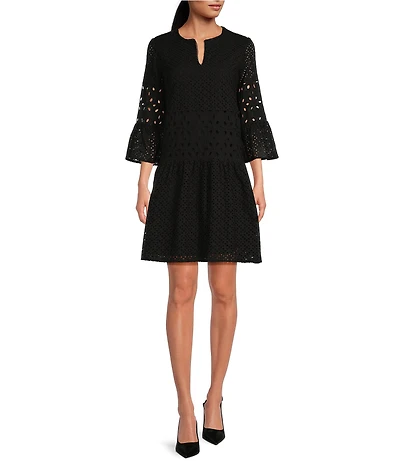 tyler boe Ingrid Eyelet Crew Neck Split V 3/4 Bell Sleeve Tiered Dress