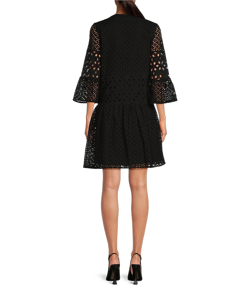 tyler boe Ingrid Eyelet Crew Neck Split V 3/4 Bell Sleeve Tiered Dress