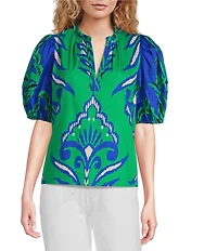 tyler boe Jenna Split V-Neck Ruffle Short Puff Sleeve Top