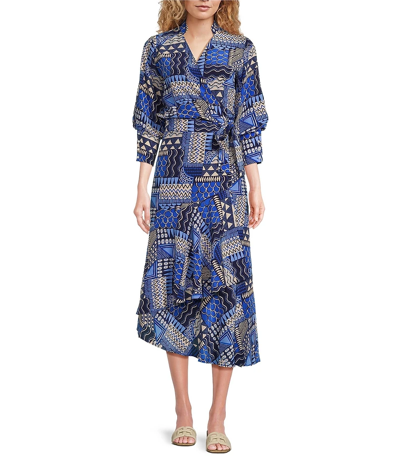 tyler boe Jules V-Neck 3/4 Sleeve High Low Ruffle Wrap Dress