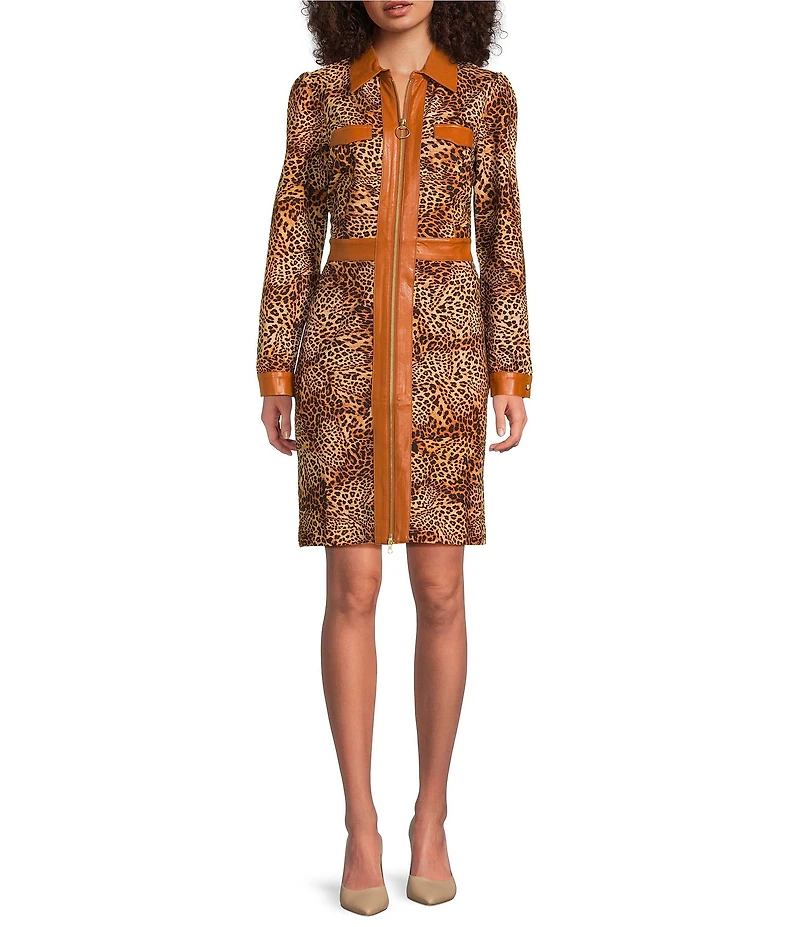 tyler boe Karine Ponte Cheetah Print Point Collar Long Sleeve Zip Front Dress