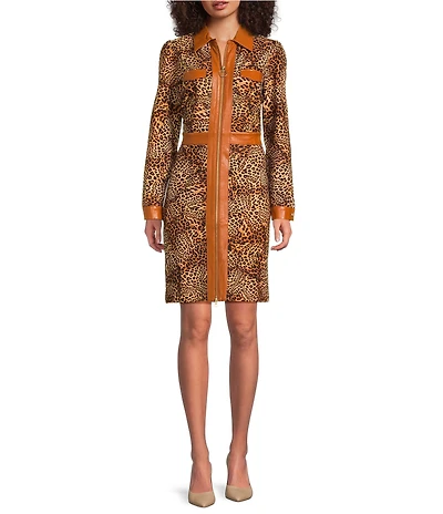 tyler boe Karine Ponte Cheetah Print Point Collar Long Sleeve Zip Front Dress