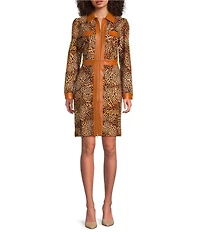 tyler boe Karine Ponte Cheetah Print Point Collar Long Sleeve Zip Front Dress