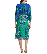tyler boe Kelsey Printed Notch Neck Puff Shoulder Bracelet Sleeve Midi Dress