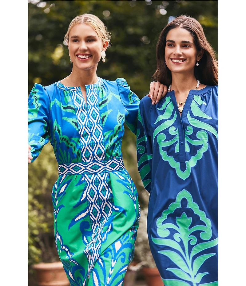 tyler boe Kelsey Printed Notch Neck Puff Shoulder Bracelet Sleeve Midi Dress
