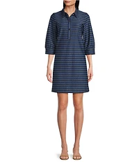 tyler boe Knit Stripe Point Collar 3/4 Sleeve Button Front Dress