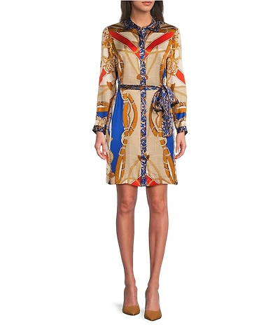 tyler boe Maeve Silk Status Print Point Collar Neck Long Sleeve Tie Waist Shirt Dress