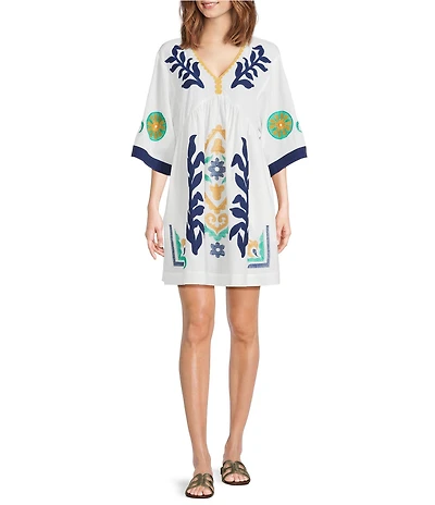 tyler boe Naomi Egret Print V-Neck Elbow Sleeve Caftan Dress