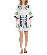 tyler boe Naomi Egret Print V-Neck Elbow Sleeve Caftan Dress