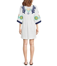 tyler boe Naomi Egret Print V-Neck Elbow Sleeve Caftan Dress