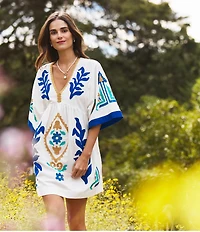 tyler boe Naomi Egret Print V-Neck Elbow Sleeve Caftan Dress