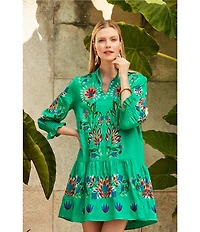 tyler boe Niki Linen Split V-Neck Tassel Tie 3/4 Sleeve Embroidered Dress