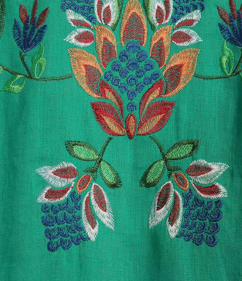 tyler boe Niki Linen Split V-Neck Tassel Tie 3/4 Sleeve Embroidered Dress
