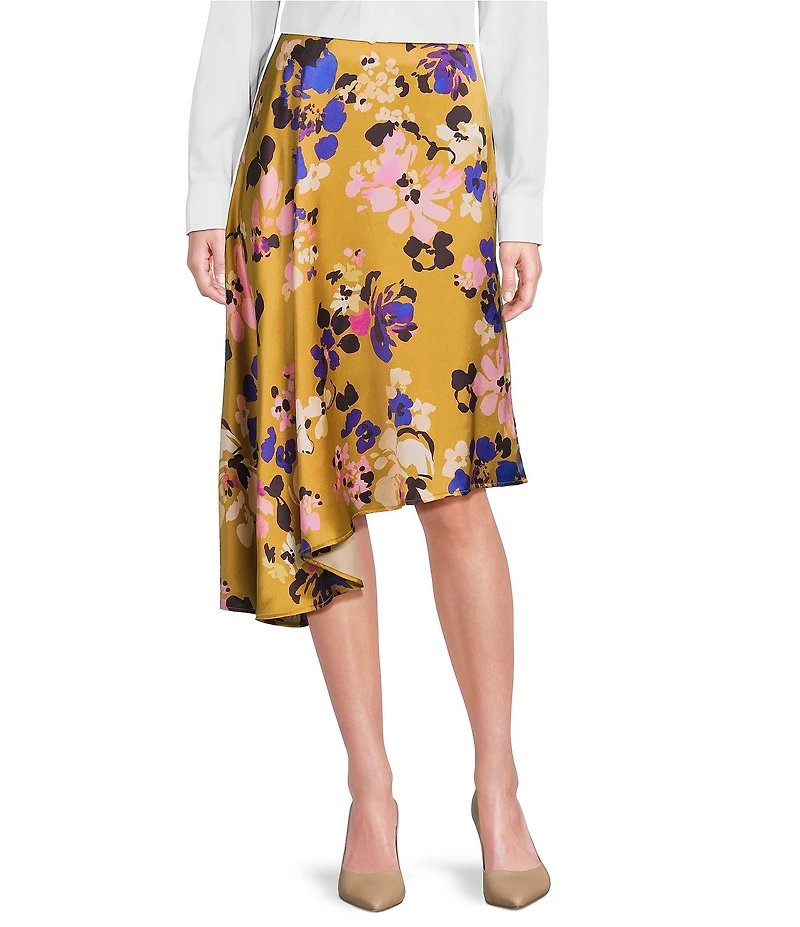 tyler boe Nina Silk Charmeuse Fantasy Floral Asymmetrical Midi Skirt