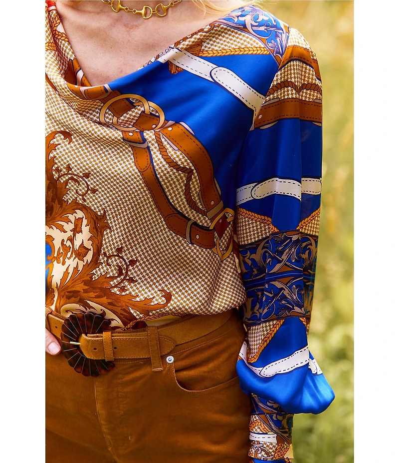 tyler boe Olivia Silk Equestrian Print Shawl Cowl Neck Long Sleeve Blouse