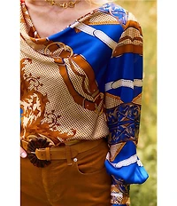 tyler boe Olivia Silk Equestrian Print Shawl Cowl Neck Long Sleeve Blouse
