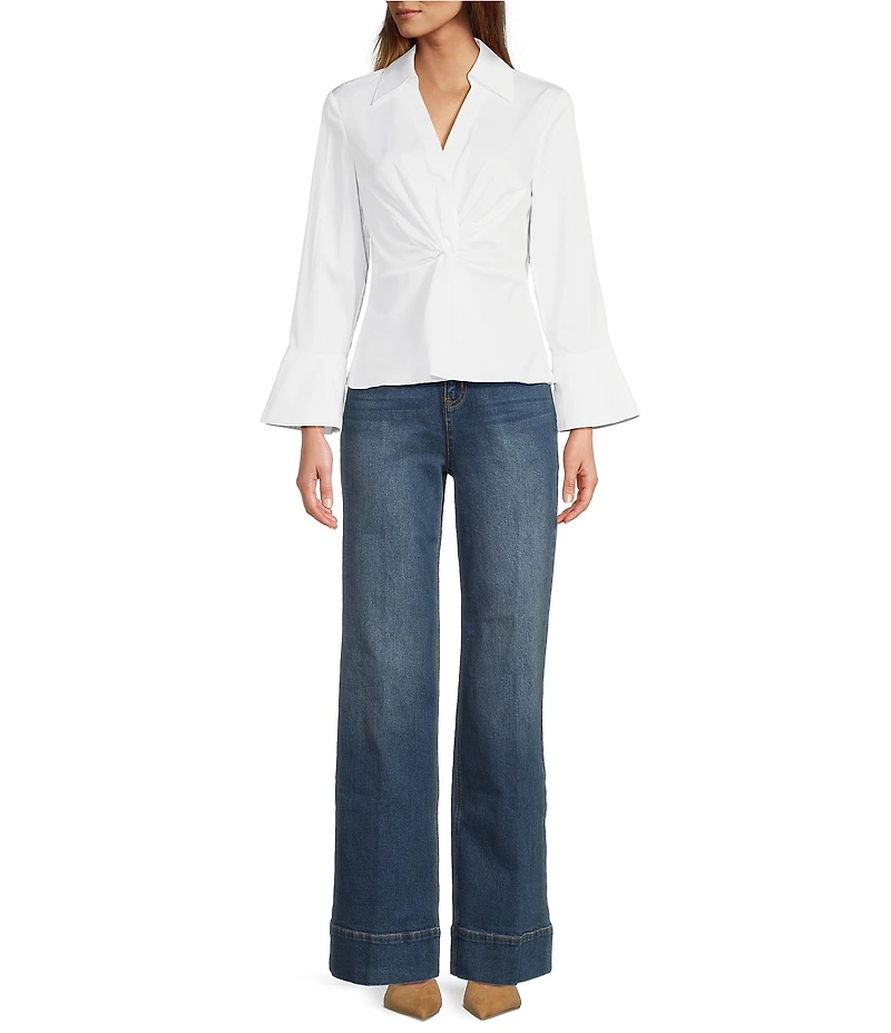 tyler boe Paige Woven Point Collar V-Neck Long Bell Sleeve Twist Front Shirt