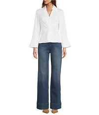 tyler boe Paige Woven Point Collar V-Neck Long Bell Sleeve Twist Front Shirt