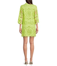 tyler boe Penny Eyelet Point Collar Split V-Neck 3/4 Bell Sleeve Scallop Dress