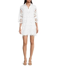 tyler boe Penny Eyelet Point Collar Split V-Neck 3/4 Bell Sleeve Scallop Dress