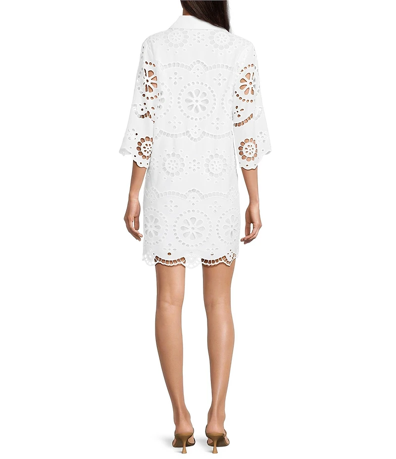tyler boe Penny Eyelet Point Collar Split V-Neck 3/4 Bell Sleeve Scallop Dress