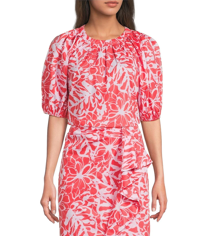tyler boe Renee Round Neck Floral Short Puff Sleeve Coordinating Top