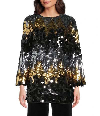 tyler boe Sandra Sequin Pailette Scoop Neck Long Sleeve Tunic