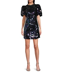 tyler boe Savannah Paillette Sequin Round Neck Short Puff Sleeve Bow Back Dress