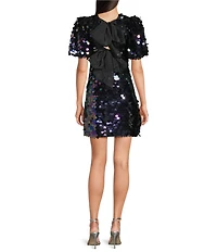 tyler boe Savannah Paillette Sequin Round Neck Short Puff Sleeve Bow Back Dress