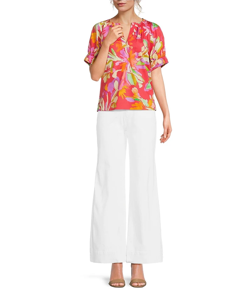 tyler boe Skyler Cotton Flora Split V-Neck Short Puff Sleeve Top