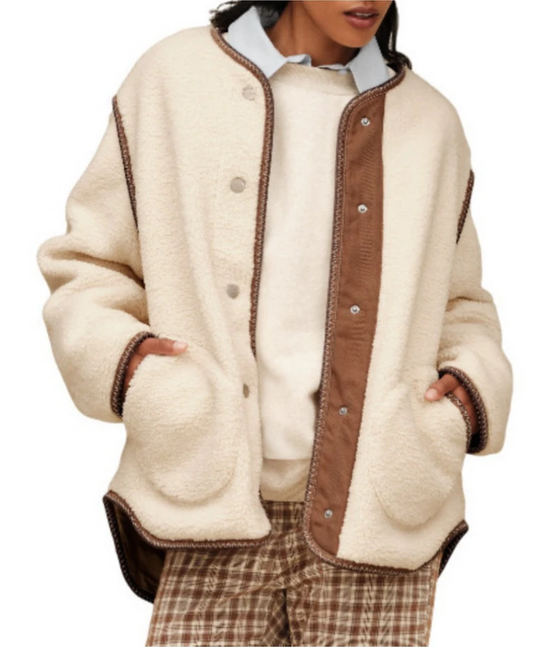 UGG Emmersyn UGGBraid Long Sleeve V-Neck Plush Fleece Snap-Front Jacket