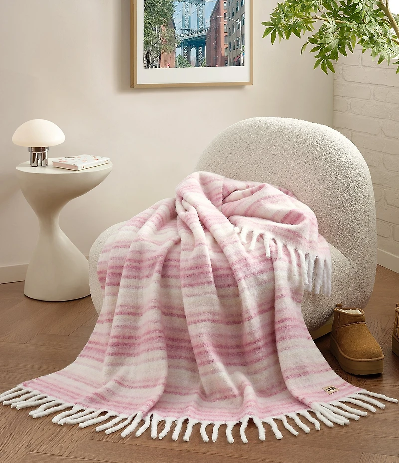 UGG Joana Joana Faux Mohair Striped Fringe Trim Throw Blanket