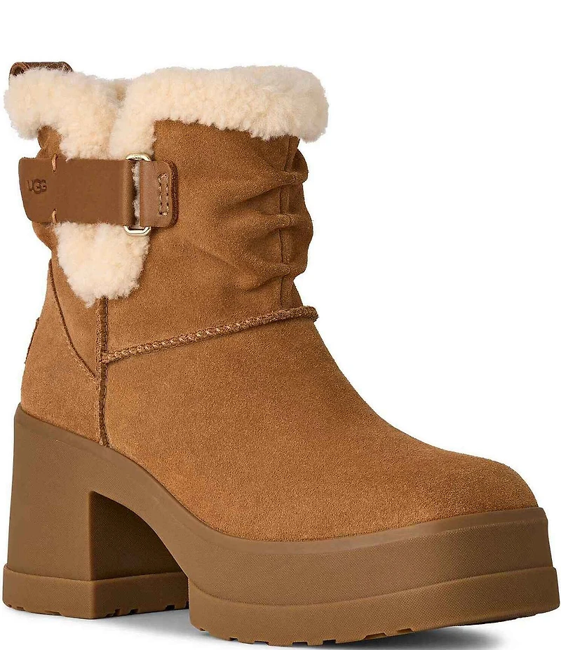 UGG Moxy Pull On Suede Sheepskin Collar Platform Block Heel Booties