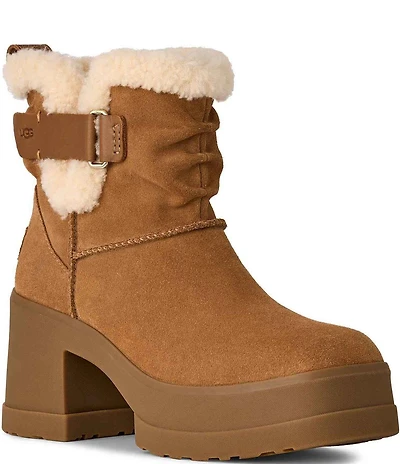 UGG Moxy Pull On Suede Sheepskin Collar Platform Block Heel Booties