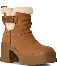 UGG Moxy Pull On Suede Sheepskin Collar Platform Block Heel Booties
